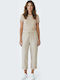 Damen Stoff Capri Hose mit Gummiband in Lose Passform Beige