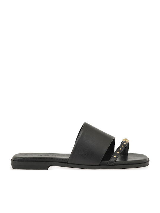 Leder Flache Sandalen für Damen Schwarz
