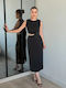 Summer Midi Evening Satin Dress with Slit Black