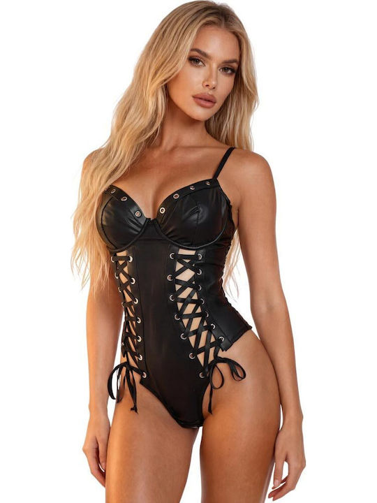 Black Leather Bodysuit Laces Annamu A-1202