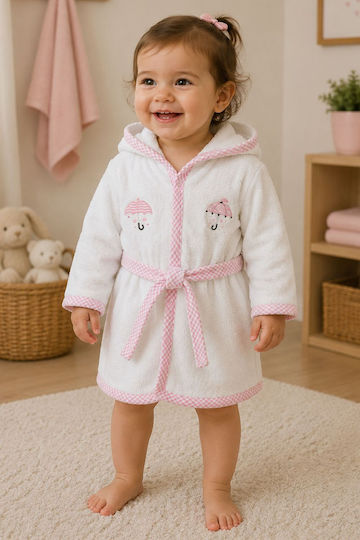 Elma Cocuk Kids Bathrobe White-Pink with Hood