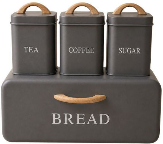 Set of 4 Grey Metallic Bread Box 3 Boxes Tea Coffee Sugar 35x21x20cm 11x11x14cm