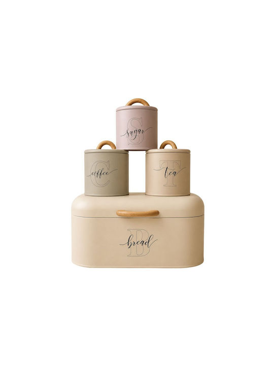 Set of 4 Cream Metallic Bread Box 3 Boxes Tea Coffee Sugar 32x15x16cm Φ11x13cm