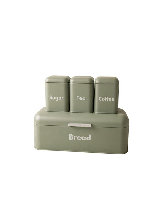 Set of 4 Green Metallic Bread Box 3 Boxes Tea Coffee Sugar 41x22x16cm 10.5x10.5x15cm