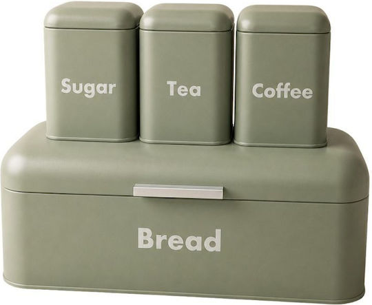 Set of 4 Green Metallic Bread Box 3 Boxes Tea Coffee Sugar 41x22x16cm 10.5x10.5x15cm