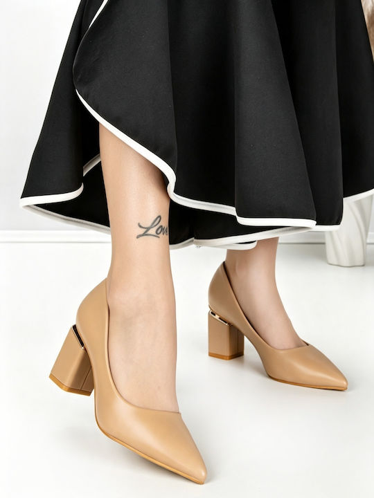 Pantofi cu Toc din Piele cu Toc Mediu Gros Portocalii