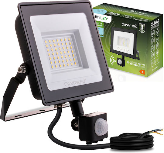 Proiector Led Zuna2 50w 4500lm 6500k Ip44 Negru Senzor de Mișcare Lumiled
