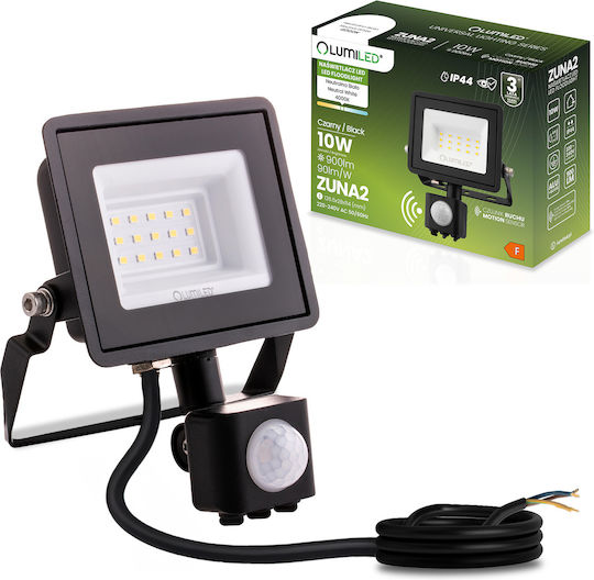 LED Flood Light Zuna2 10W 900Lm 4000K IP44 Black Motion Sensor Lumiled