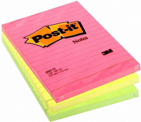 3M Post-it Lined Sticky Memo Pads 102 x 152 mm Various Neon Colors 100 Sheets 660N
