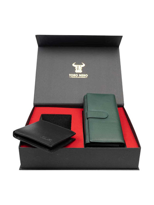 Set cadou Portofel damă + Portofel bărbați Negru-verde Piele naturală Reset-manu