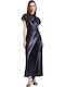Summer Maxi Evening Satin Drape Blue Dress