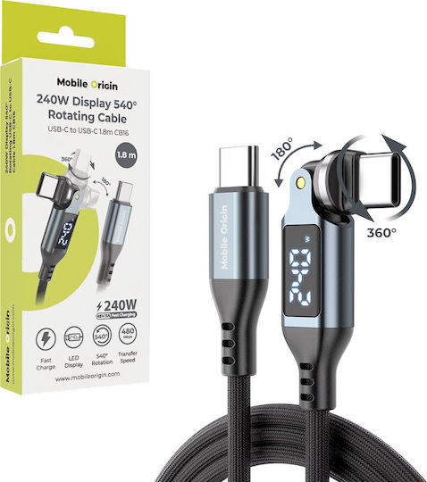 Mobile Origin Winkel (90°) / Geflochtenes / LED USB 2.0 Kabel USB-C männlich - USB-C 240W PD Grau 1,8m MO-DRC-M-CB16