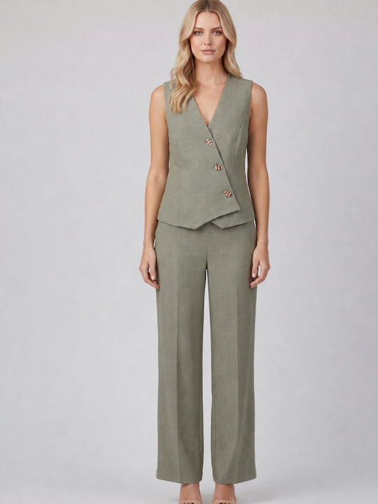 Set Pantaloni Dama Kaki Cu Cauciuc În Linie Dreaptă