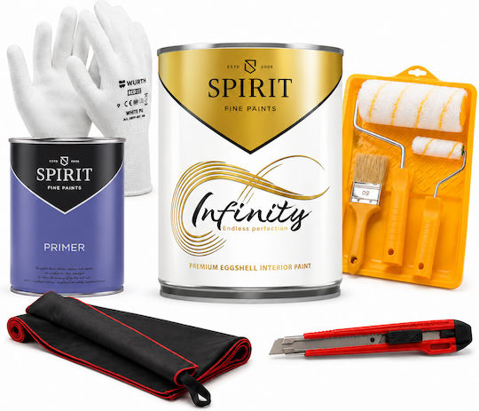 Комплект За Боядисване До 30 М² Покривна Площ Spirit Infinity Finish 30 Интериорна Бяла Боя С Яйчена Обвивка Грунд Аксесоари