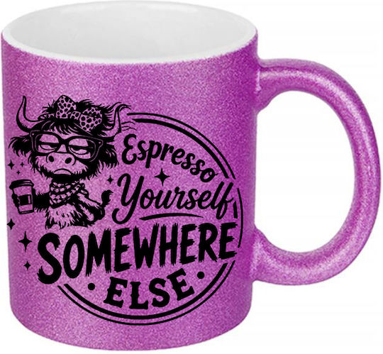 Digital Place Glitter Fuchsia Espresso Yourself Somewhere Else White Ceramic Mug 330ml