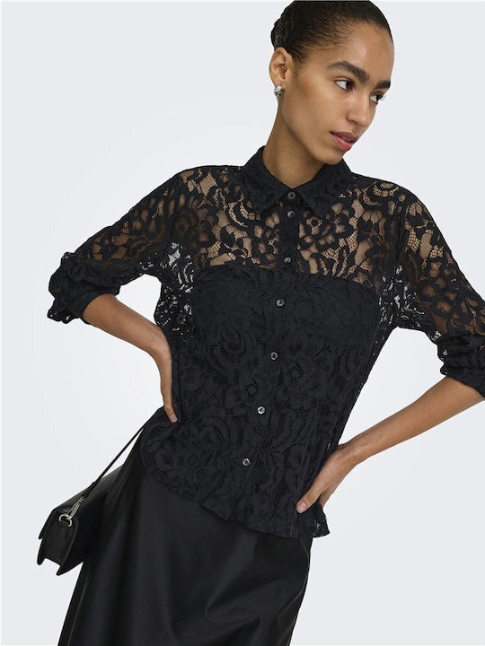 Long Sleeve Women's Denim Shirt Black Floral