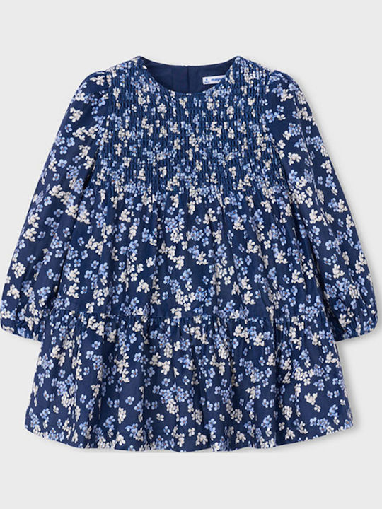 Mayoral Girls Long Sleeve Velvet Floral Blue Dress