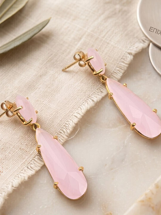 Grekas Silver Gold Plated Dangle Earrings with Pink Stones