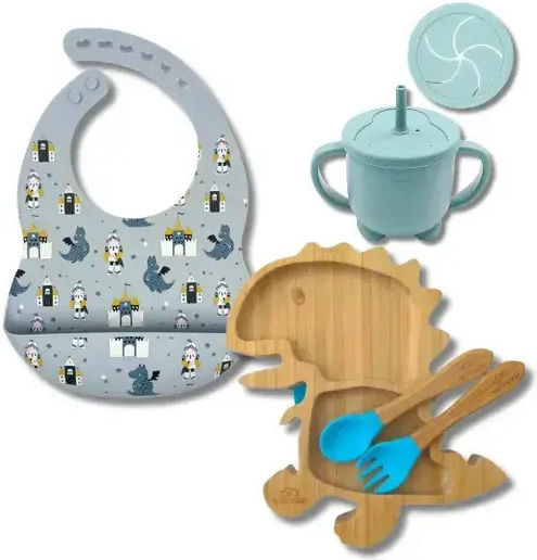 Baby Cloud Dinosaur Feeding Set from Bamboo with Anti-Slip Base Light Blue 2 Pieces