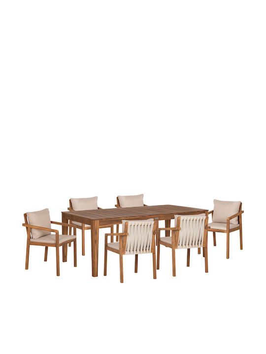 Set de Masă pentru Exterior 7 Piese Natural cu Perne