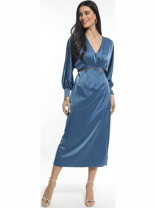 Sateen Sommer Midi Abendkleid Satin Blau Sateen Sommer Midi Abendkleid Satin Blau