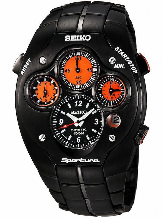 Seiko Sportura Ανδρικό Ρολόι Χρονογράφος Kinetic με Μαύρο Μεταλλικό Μπρασελέ