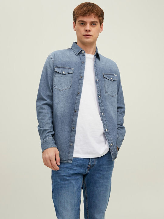 Jack & Jones Μακρυμάνικo Τζιν Πουκάμισο Μπλε