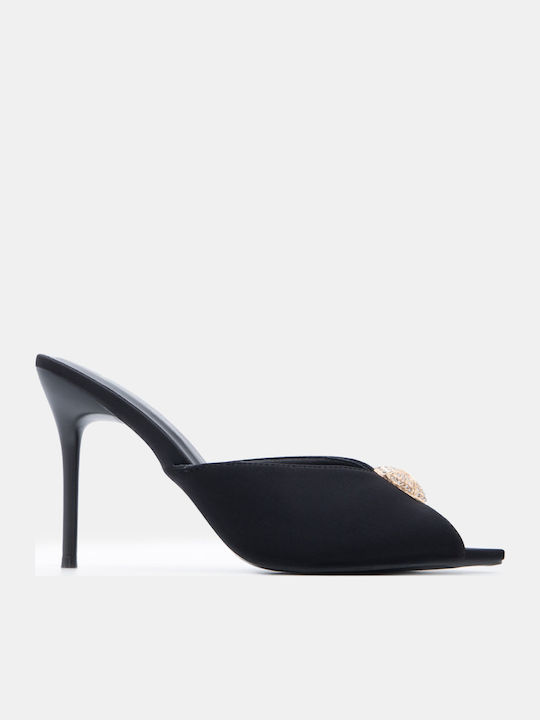 Satin Mules With High Heel In Black Colour