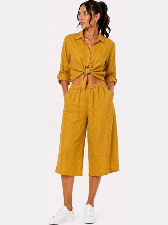 Liva Fashion Damen Leinen Capri Hose mit Gummib...