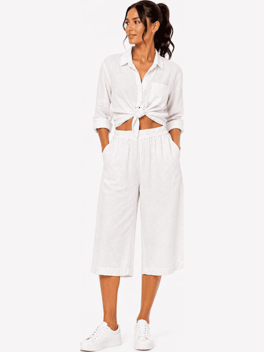Damen Leinen Capri Hose mit Gummiband in Lose Passform Weiß
