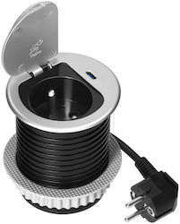 Ενσωματωμένη Πρίζα Επίπλου 60 Mm Καπάκι 1x French 230v + Usb-c Pd 20w Καλώδιο 1,9 M Ασημί
