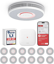 Пакет 12 X-sense Xs0b-mr121 Смарт Детектори За Дим Гласови Съобщения Wi-Fi Базова Станция Sbs50 Фотоелектричен Сензор 33 Мм Възможност За Свързване Телефонни Известия Бял