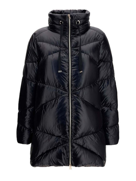 Woven Μακρύ Дамско Puffer Яке за Зима Черно