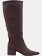 Suede Women's Boots with Mid Heel Brown