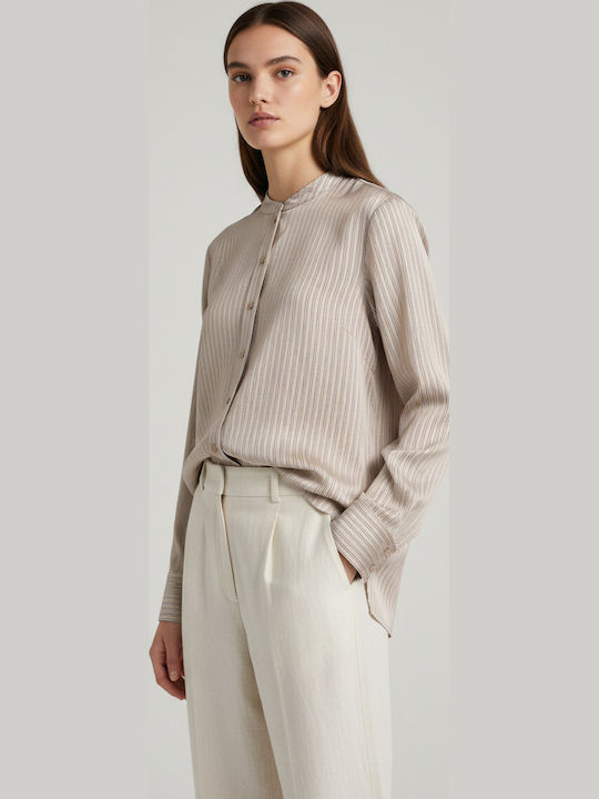Long Sleeve Women's Satin Shirt Beige Striped