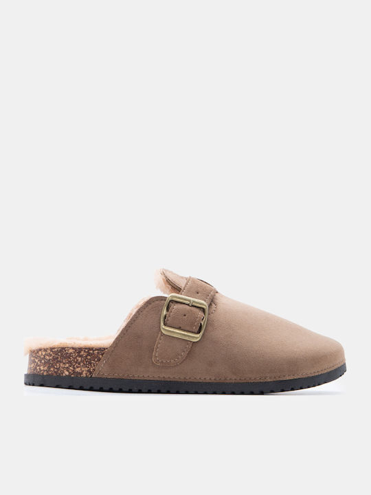 Flat Suede Mules In Beige Colour