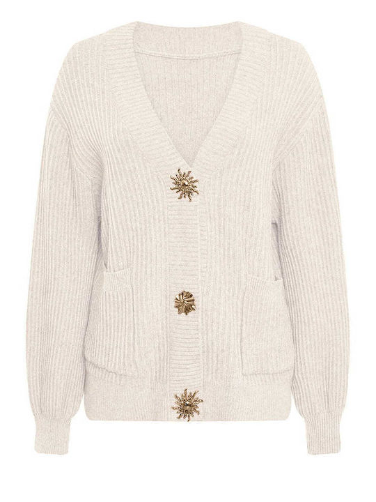 Celestino Women's Knitted Ribbed Cardigan With Metallic Details Loose Fit Beige