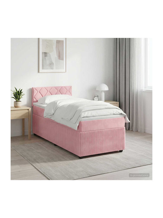 Single Upholstered Bed with Velvet Pink with Sl...