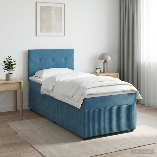 Single Bed Upholstered with Velvet Dark Blue with Slats & Mattress 100x200cm