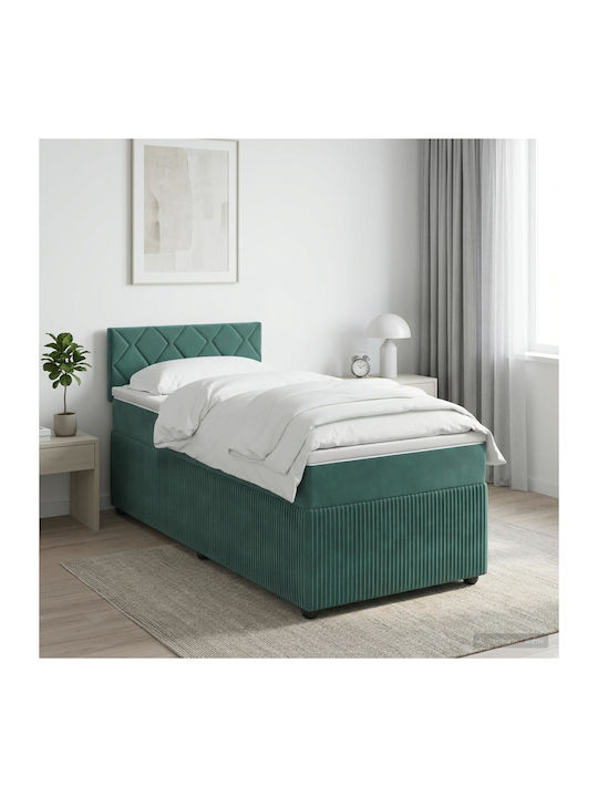 Single Upholstered Bed with Velvet Dark Green w...