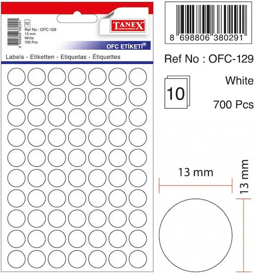 Tanex 700 buc Etichete Adezive Rotunde în Culoare Albă 13mm