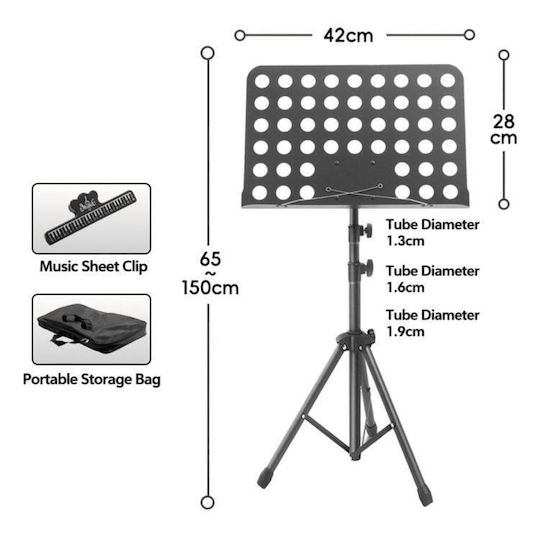 Portable Foldable General Purpose Music Stand Adjustable Height Sheet Music Stand Rehearsal Performance Size Stand + Folder + Storage Bag Black