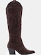 Suede Women's Boots Cowboy with Mid Heel Brown