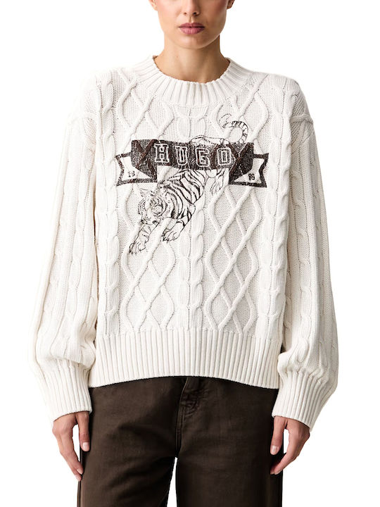 Hugo Damen Langärmeliges Baumwollpullover Tierdruck Ecru-Braun