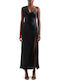 Summer Midi Evening Satin Dress with Lace & Slit Black
