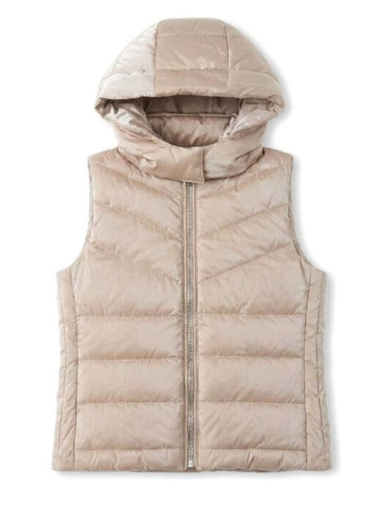 Kids Casual Sleeveless Short Hooded Beige Jacket