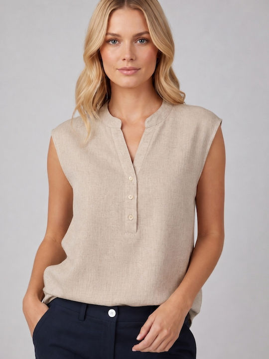Bluza Damă De Vară Din In Fără Mâneci Bej