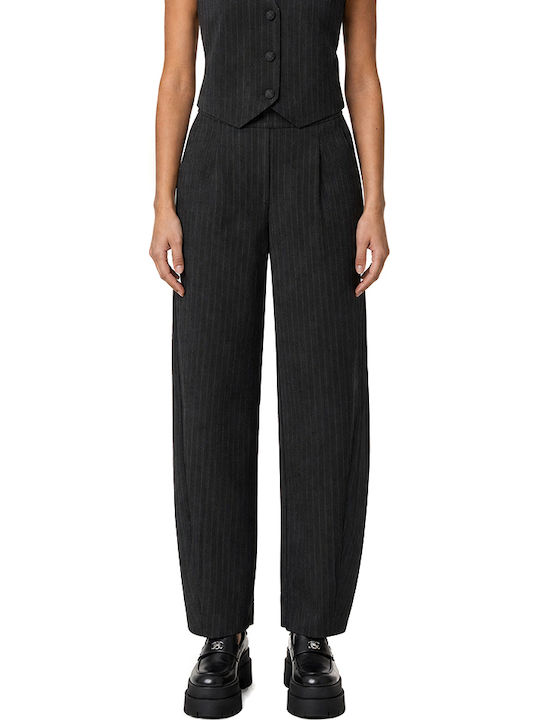 Women's High Rise Fabric Trousers with Rubber Band Striped Grey