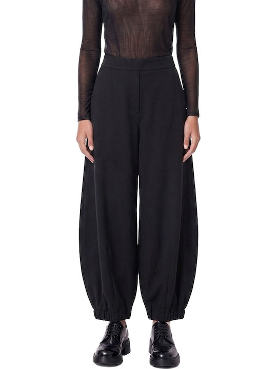 Damen Hochbund Stoffhose mit Gummiband Schwarz
