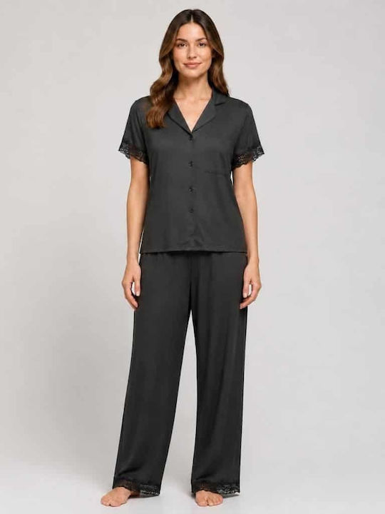 Fuanna Sommerliches Damen-Schlafanzug-Set Schwarz